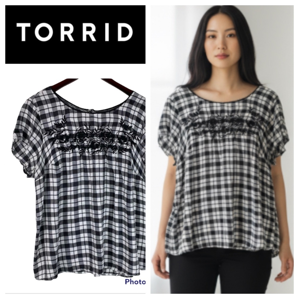 TORRID 2X 18 20 Top Tunic Shirt Plaid Floral Embroidered Black White